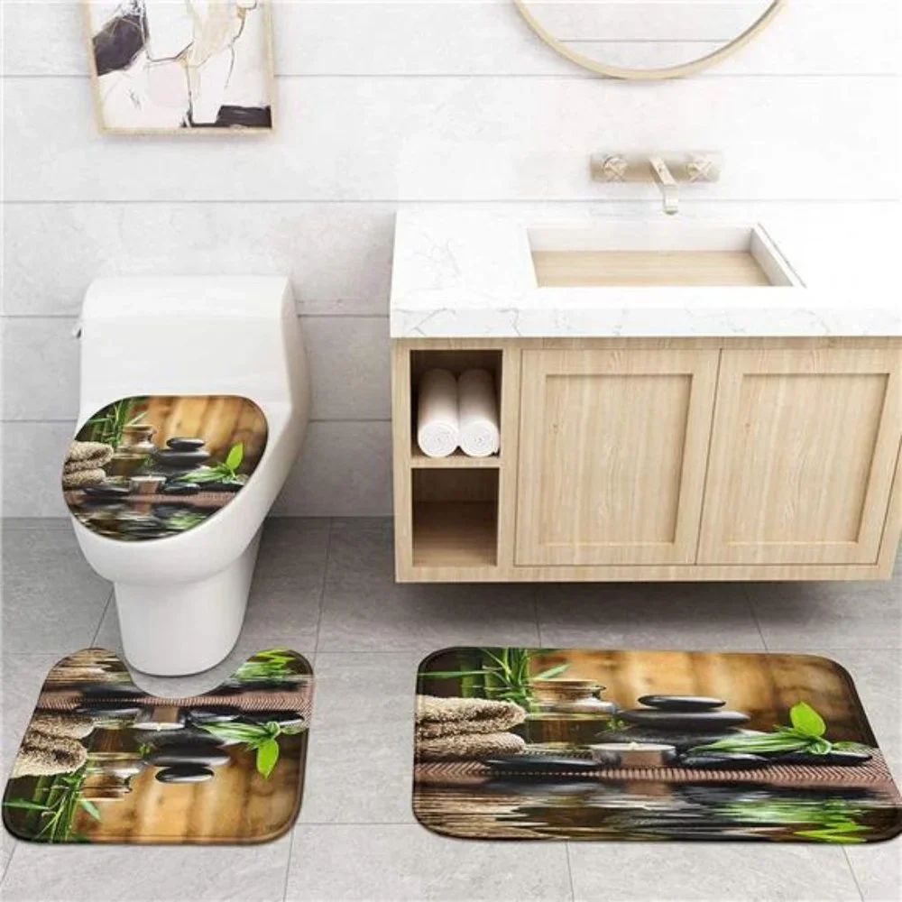 4 Pcs Shower Curtain Set Stones spa Oil Wood Massage Relax Candle ayurvedic